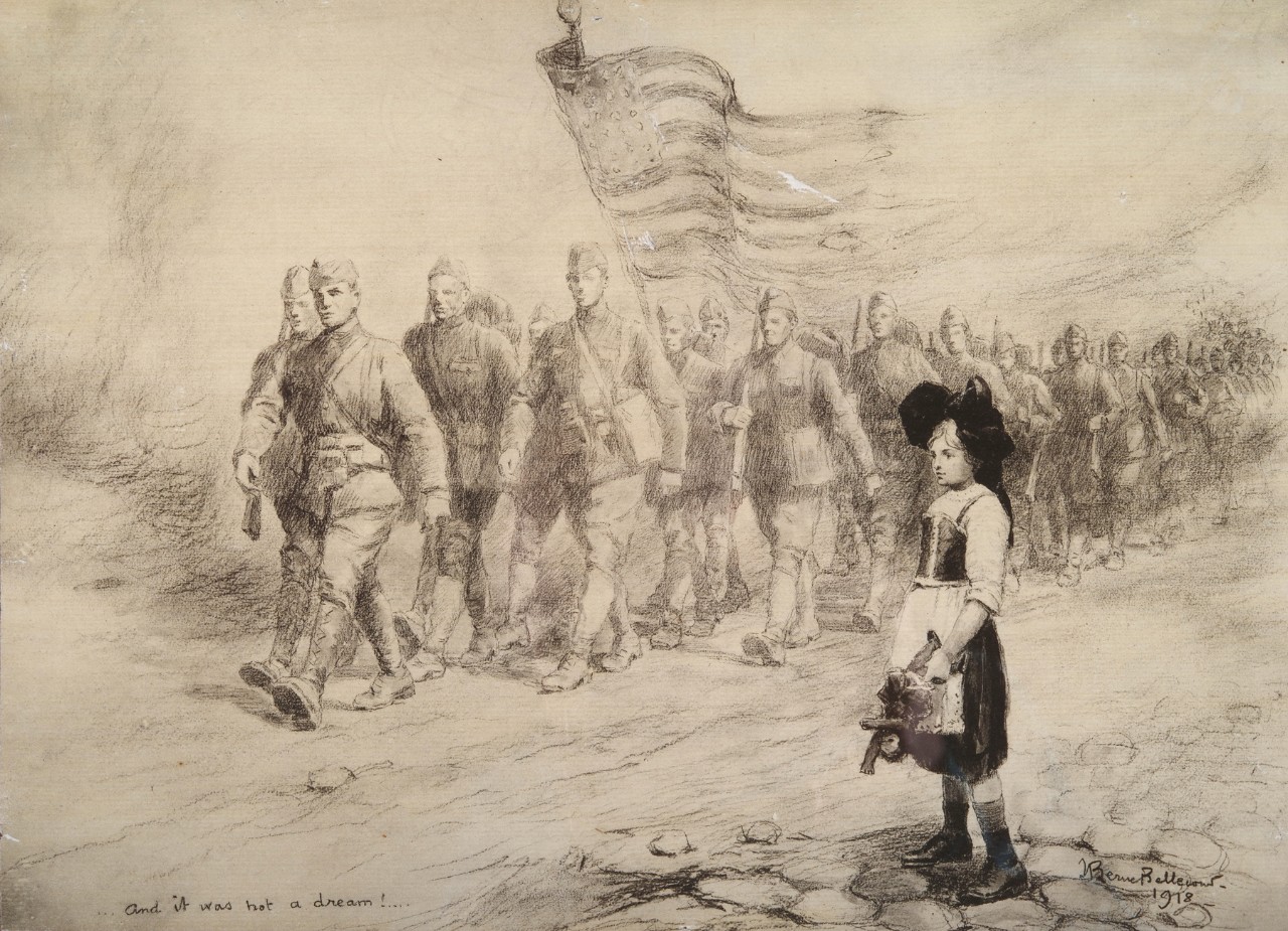 Soldiers marching carrying an American flag a little girl with a basket is in the foreground