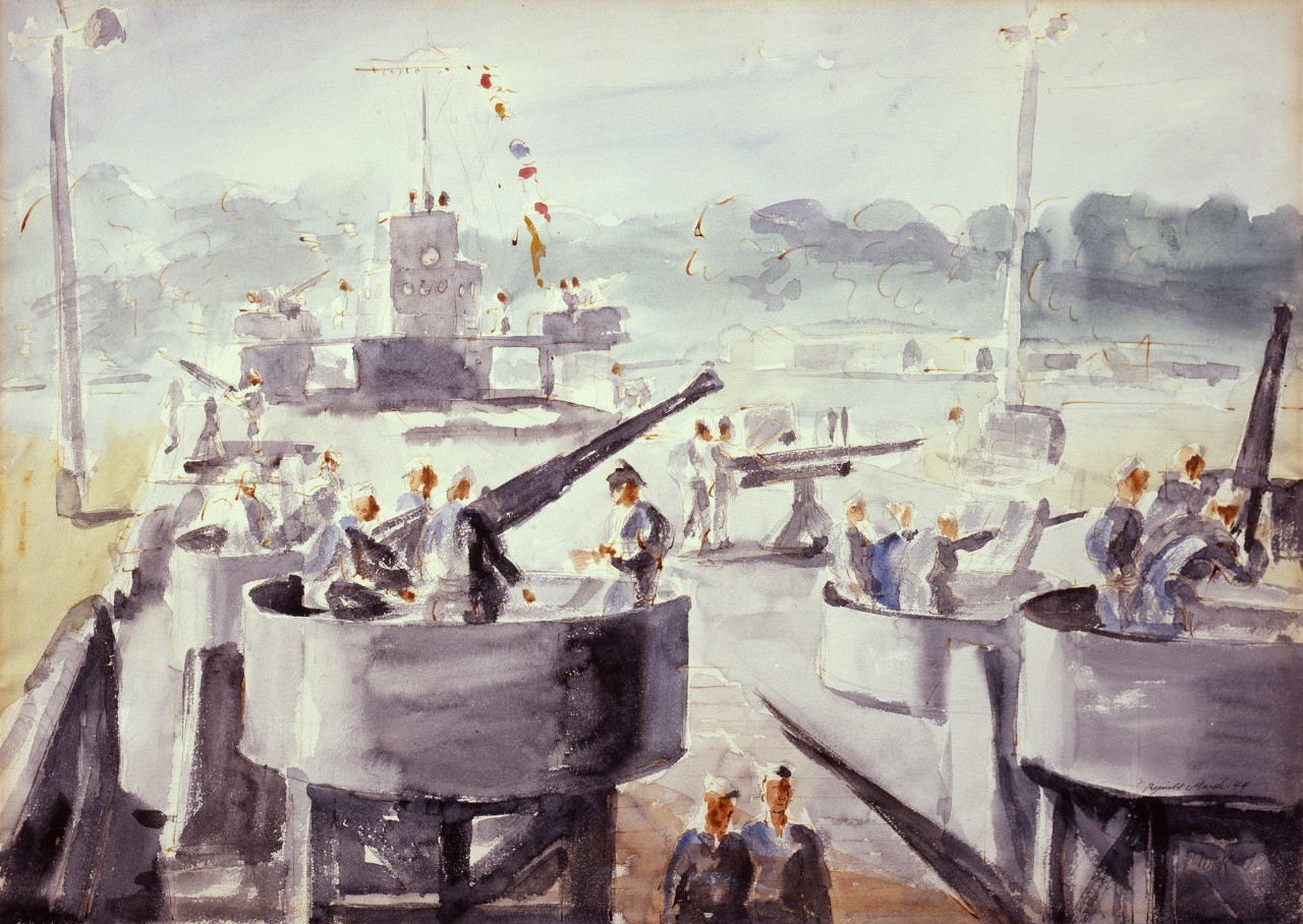 Sailors on a training deck of a landing craft