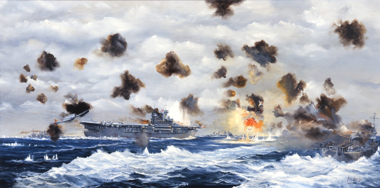 The aircraft carrier Yorktown under heavy fire from Japanese aircraft