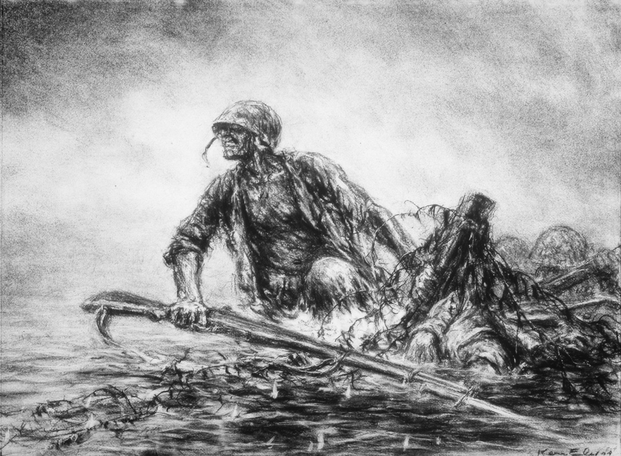 A Marine wading to the shore