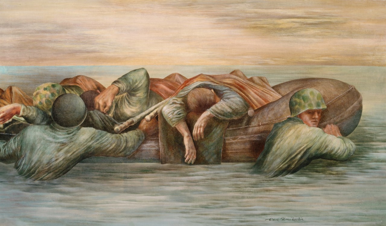 Soldiers transport the wounded in a rubber raft