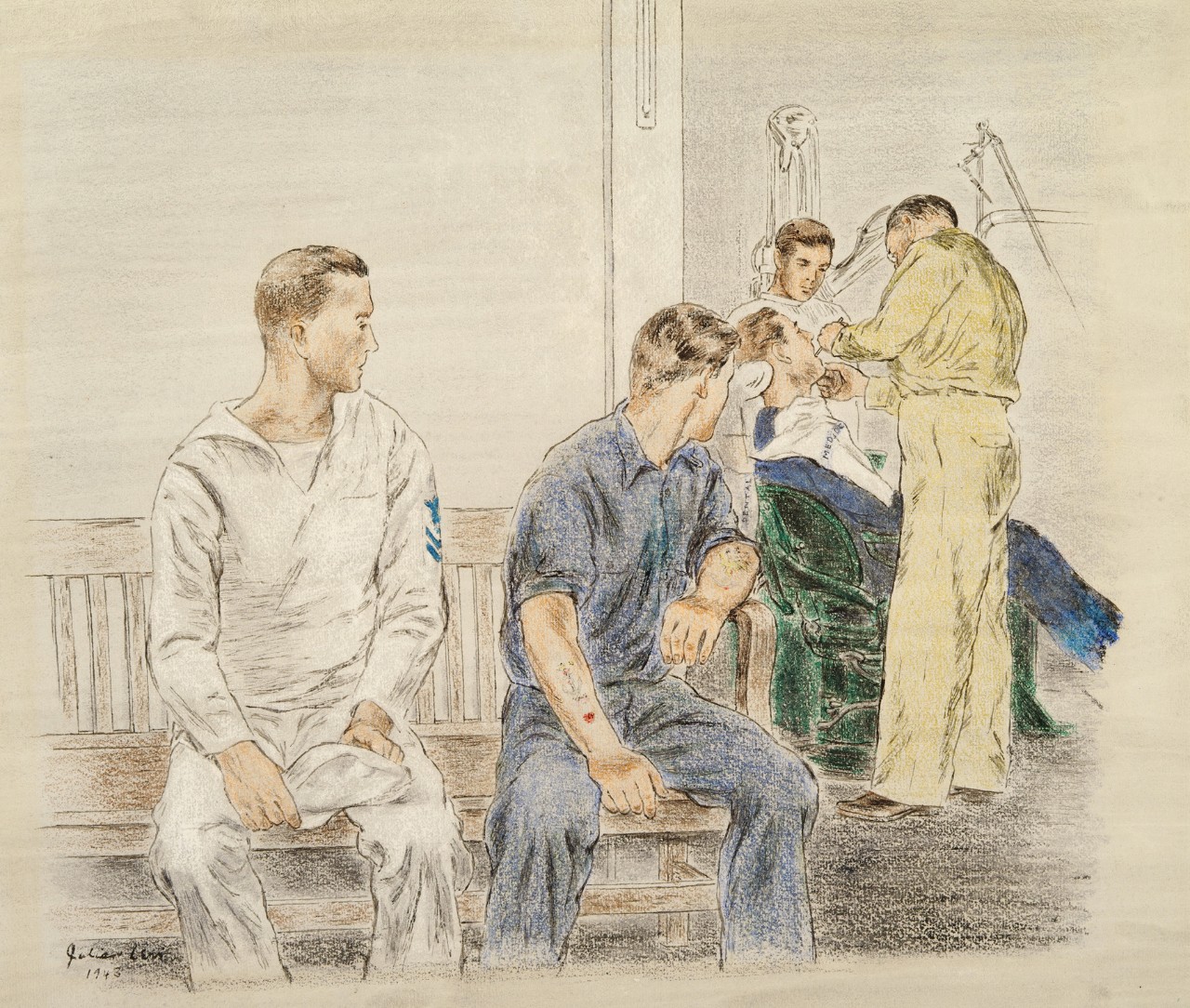 Two sailors watch as a dentist and his assistant treat another sailor