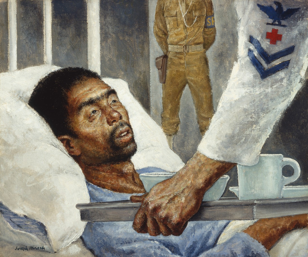 A corpsman bring a tray of food to a man in a hospital bed