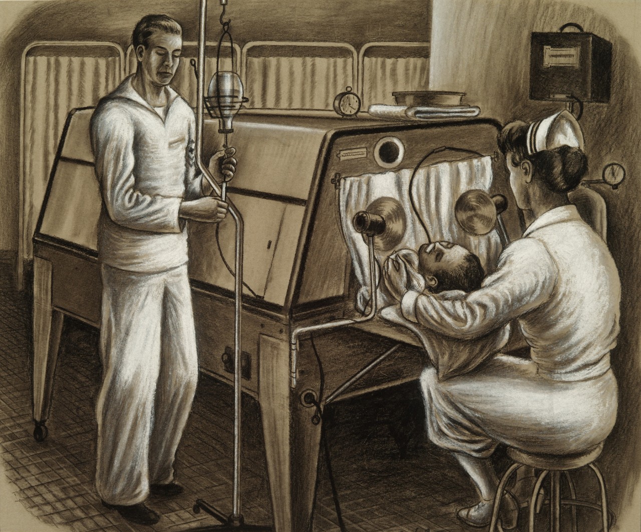 A nurse and a corpsman tend to a patient in a fever cabinet