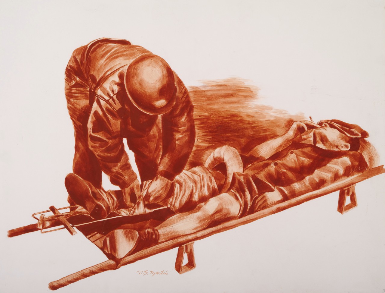 A Navy corpsman tends to a man on a stretcher