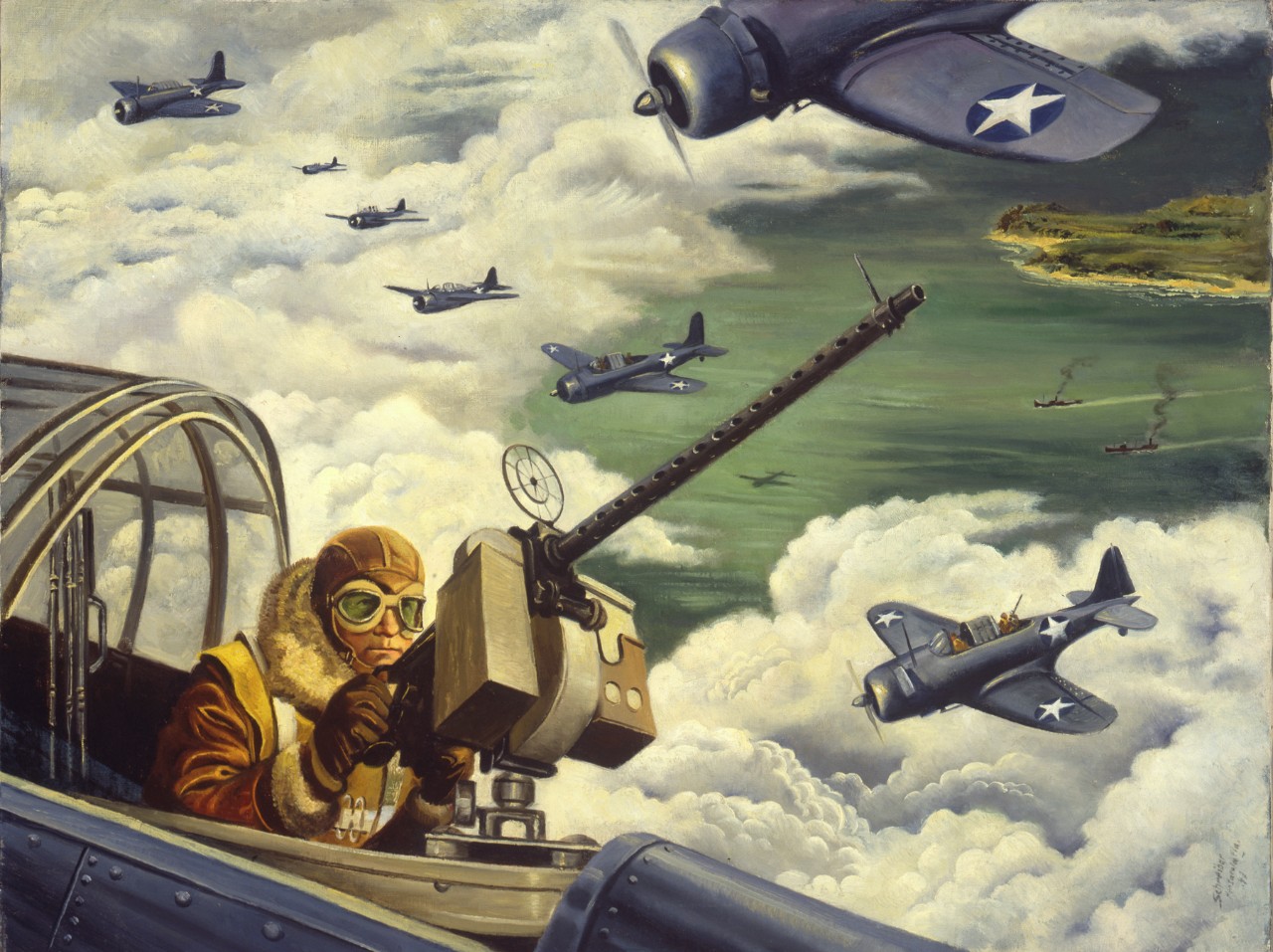 Rear gunner sits in an airplane looking for enemy aircraft