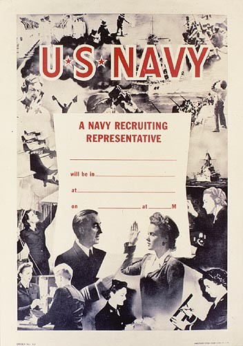 Poster with a photo of a woman being sworn into the Navy