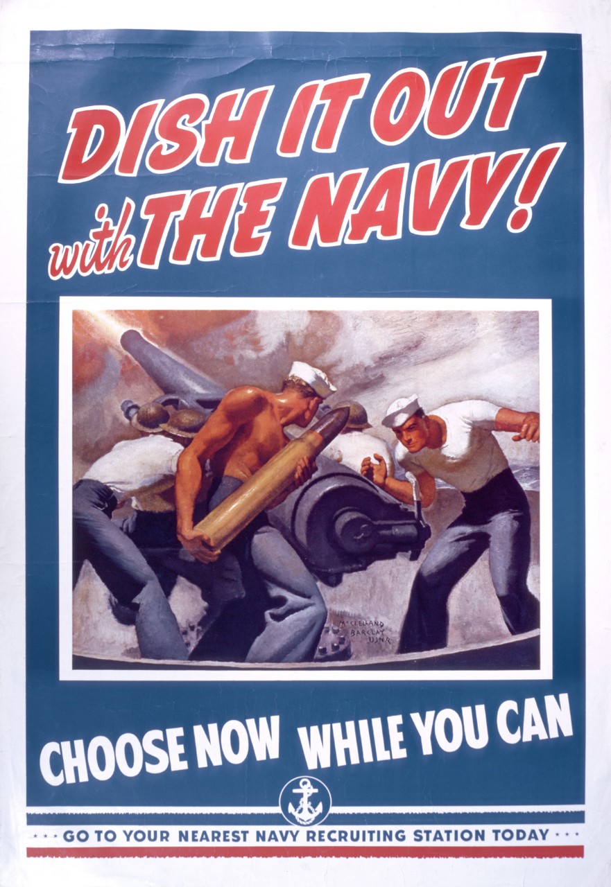 Poster with center image of a gun crew loading a shell into a gun