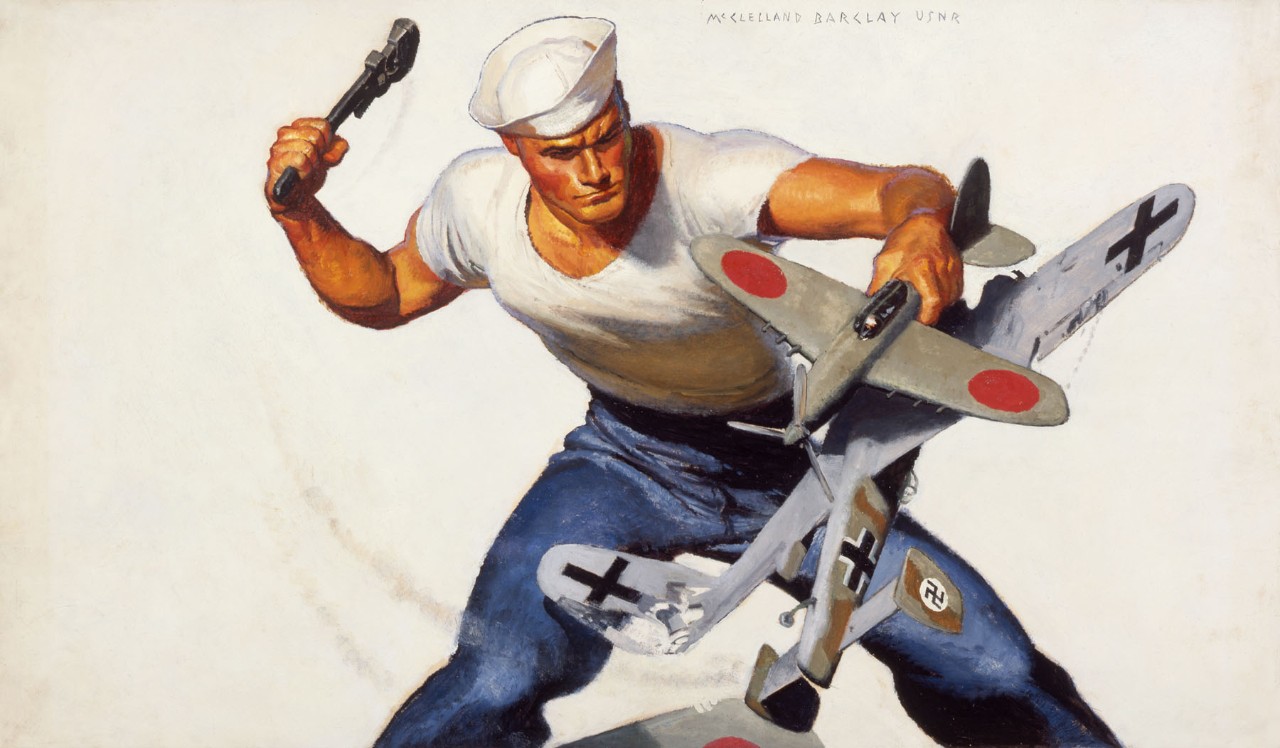 Sailor with hammer poised to strike a model airplane