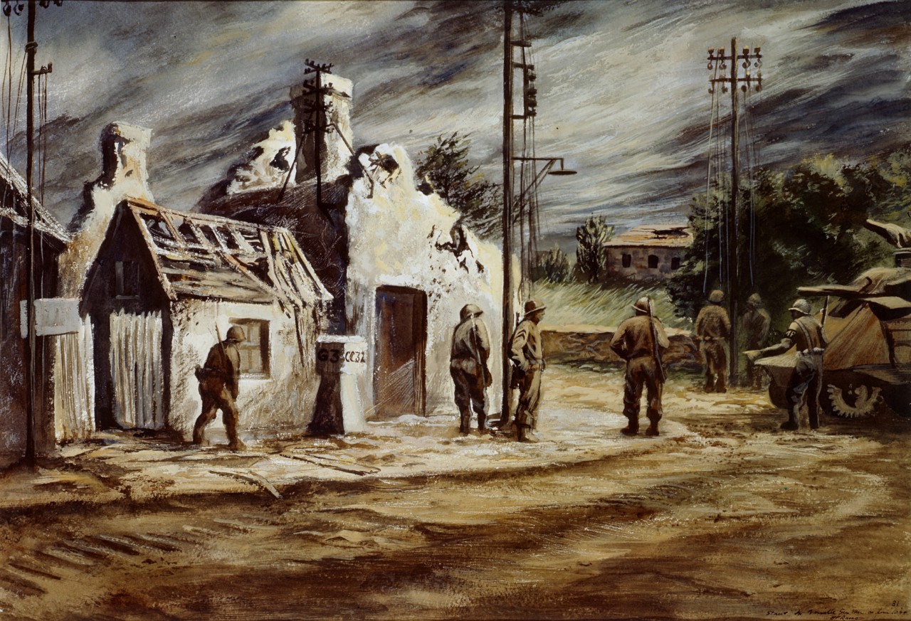 Soldiers standing in front of a destroyed house