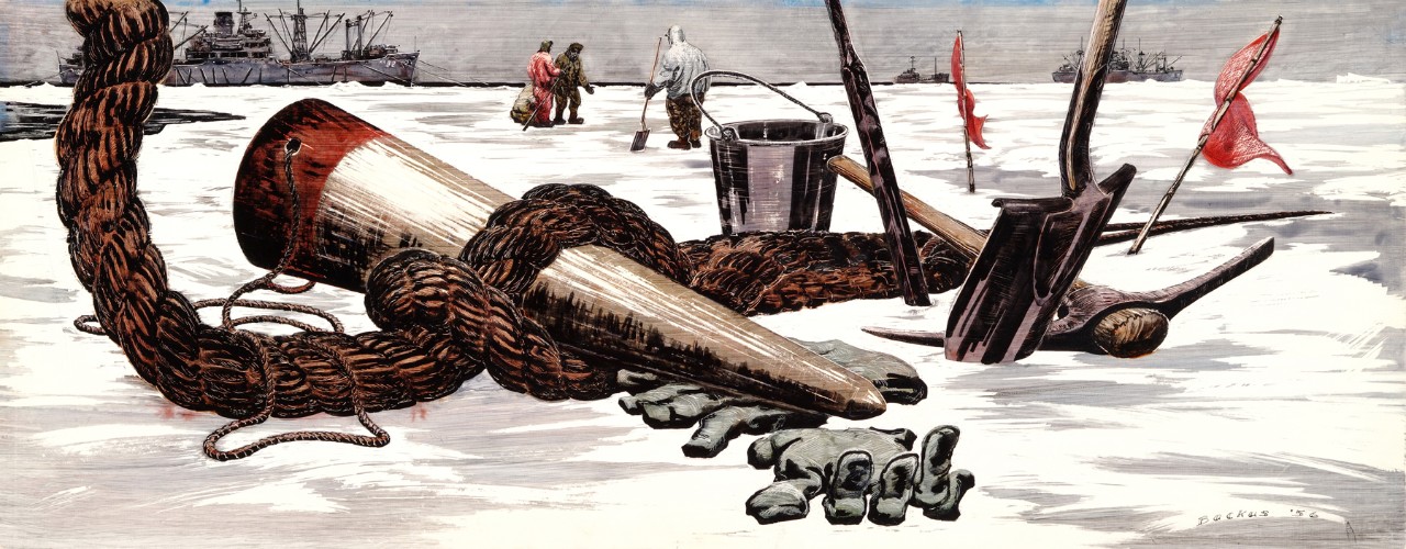 A large wooden peg with a rope wrapped around it lying on the ice