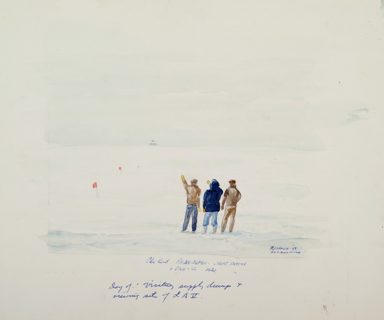 Three men looking across the ice and snow