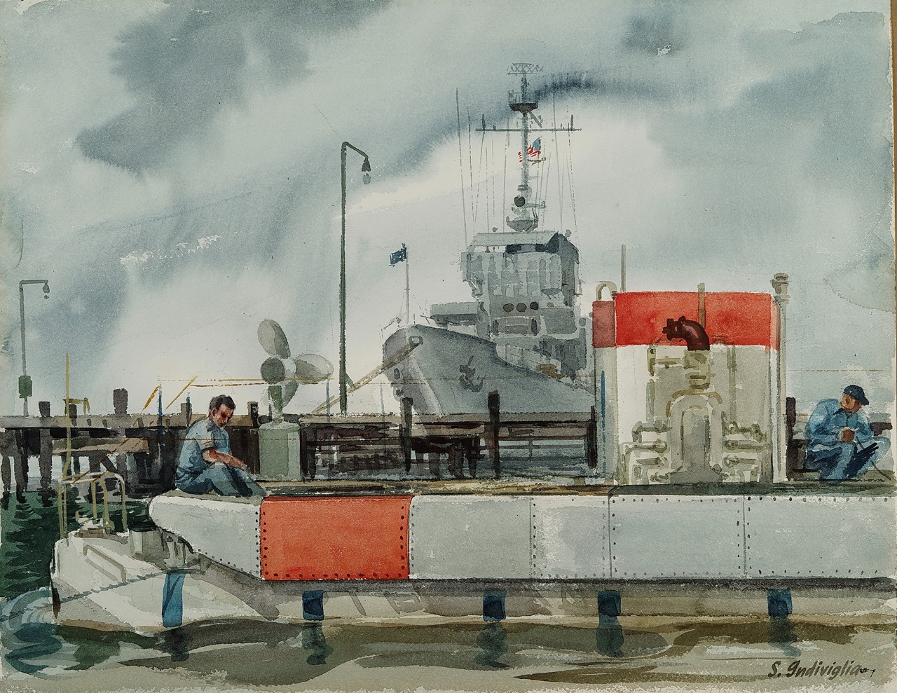Trieste is tied to a pier with two men working on the deck, behind is another Navy ship