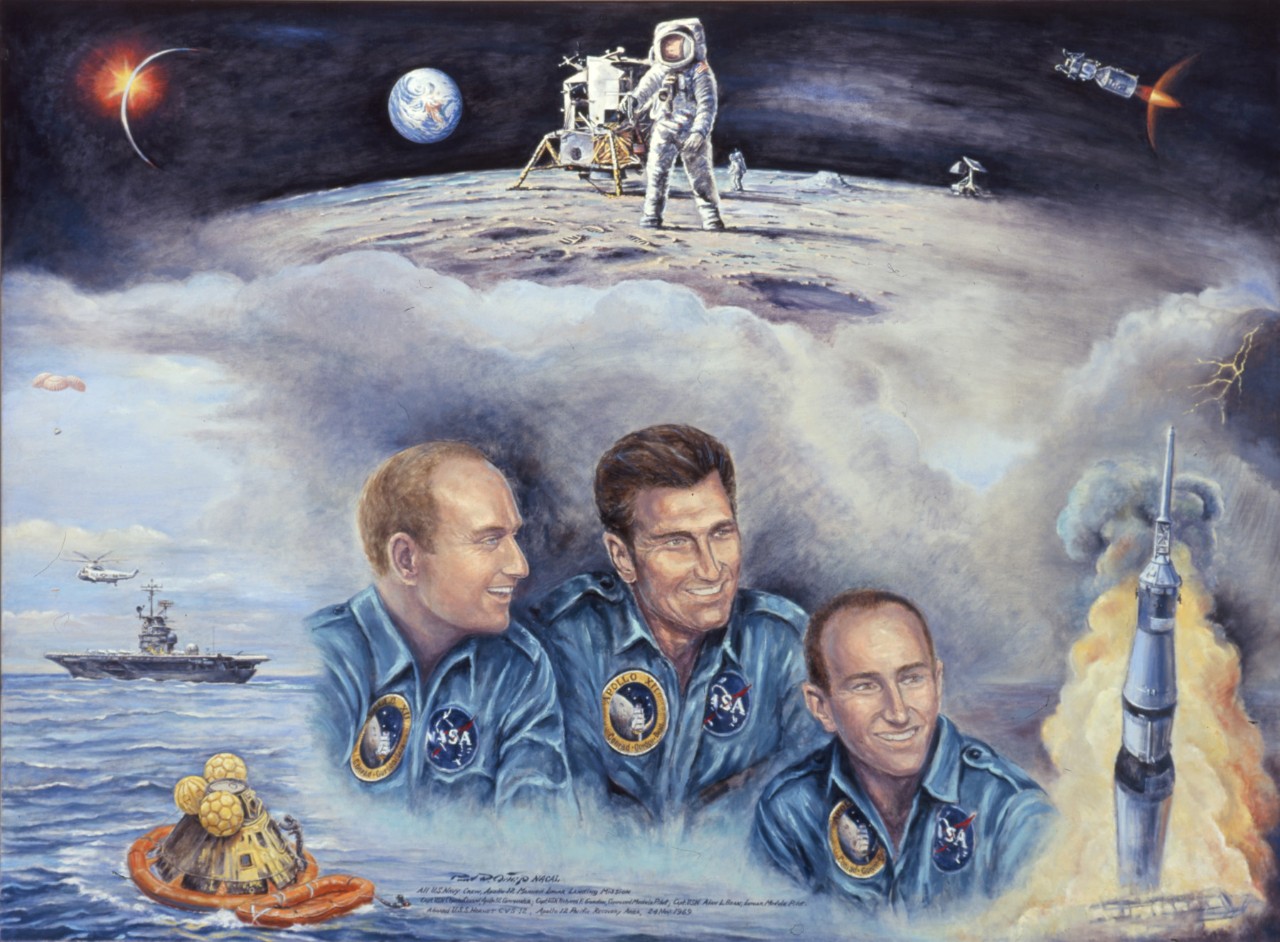 A montage of the mission with portraits of the three astronauts in the center