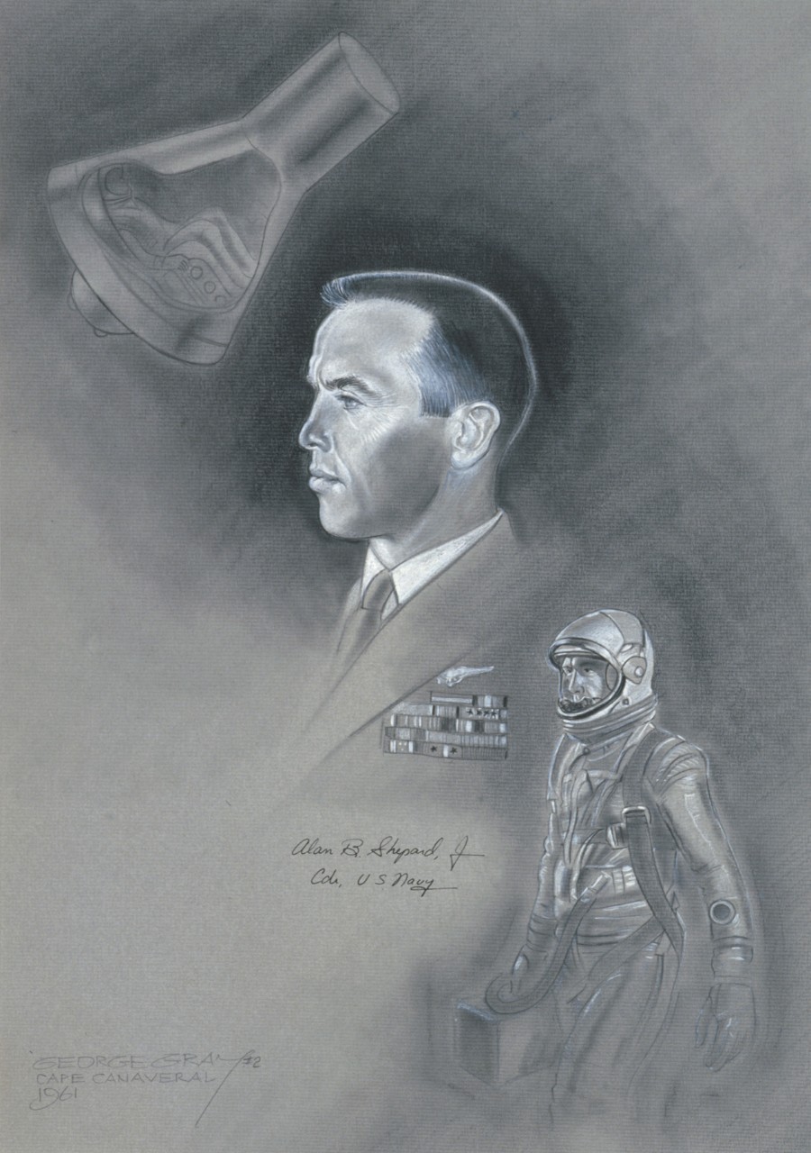 Portrait of Commander Alan Shepard, Jr. in the center upper left is his capsule and bottom right he is wearing his space suite