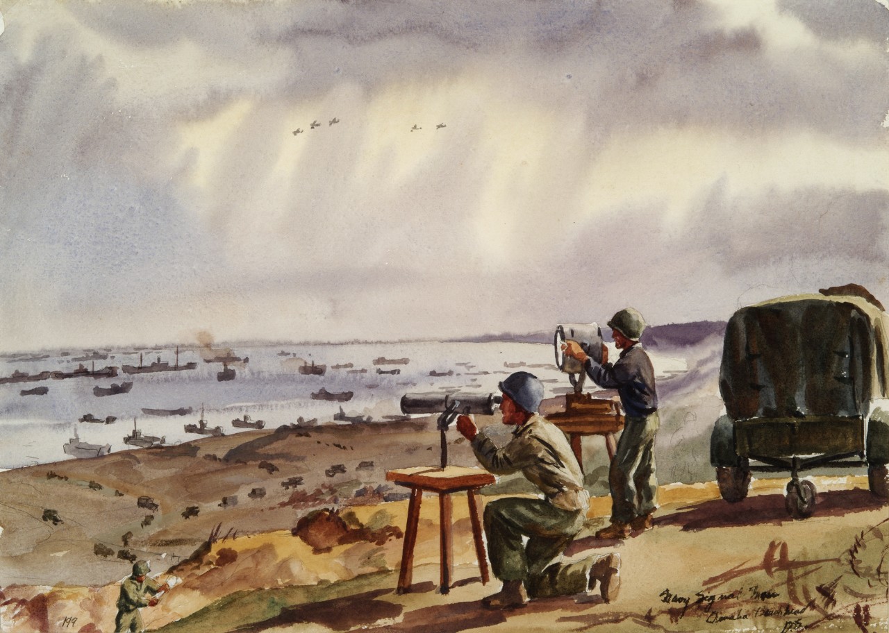 Navy signalmen on the beach communicating with ships off shore