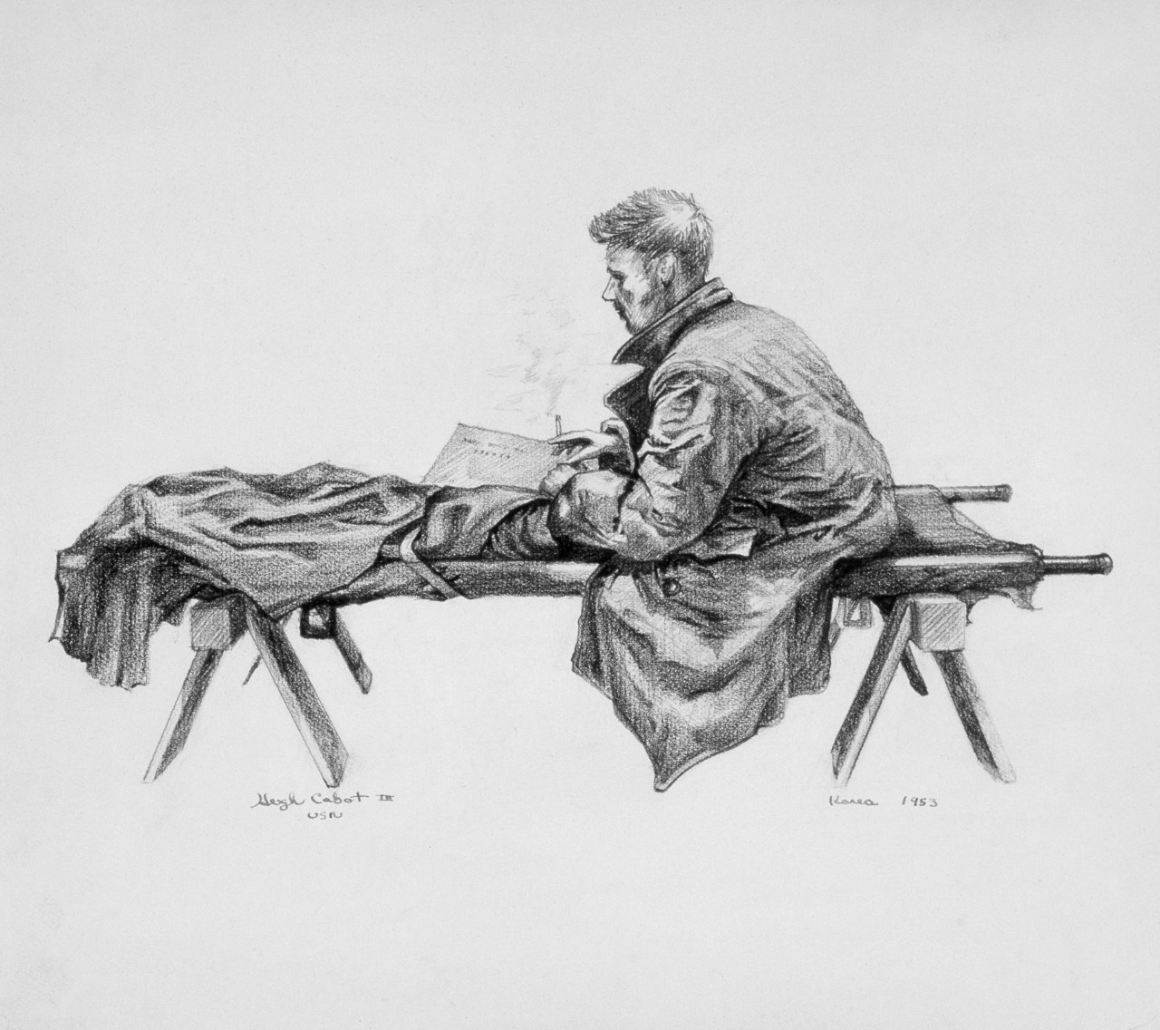 A man sits on a cot reading a letter