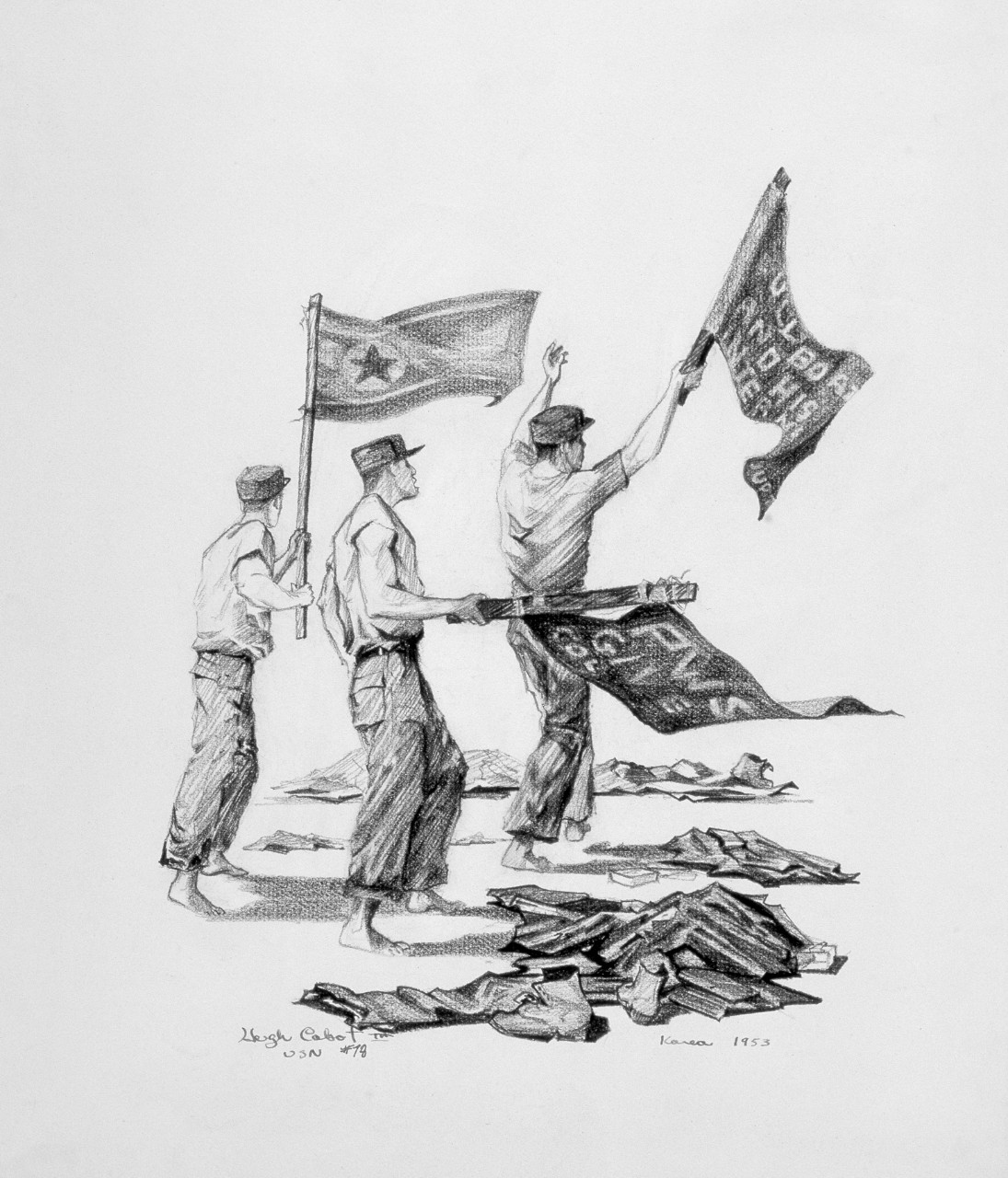 Three men waving flags