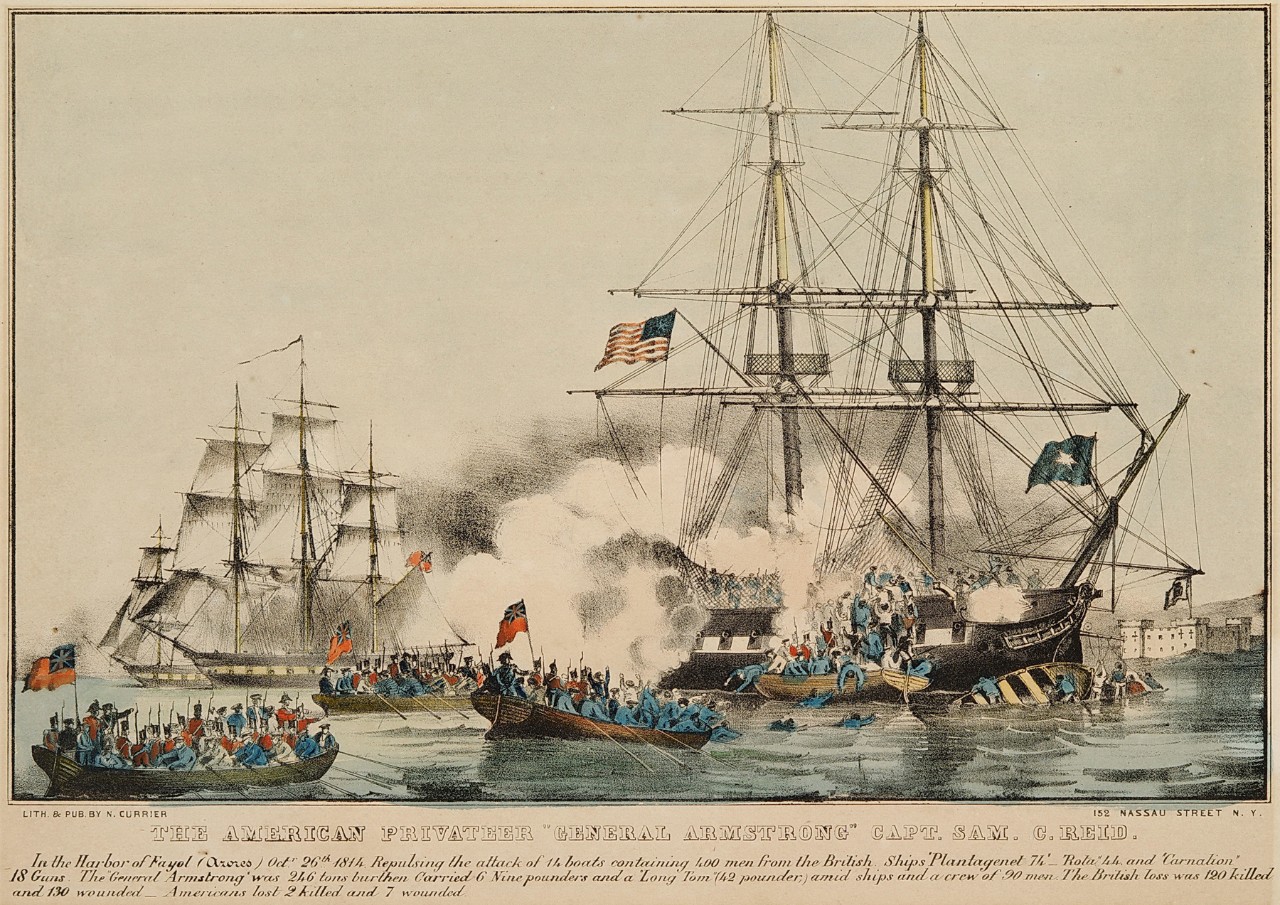 An American flagged ship is firing canons at British flagged ship as sailors from the boats are trying to board