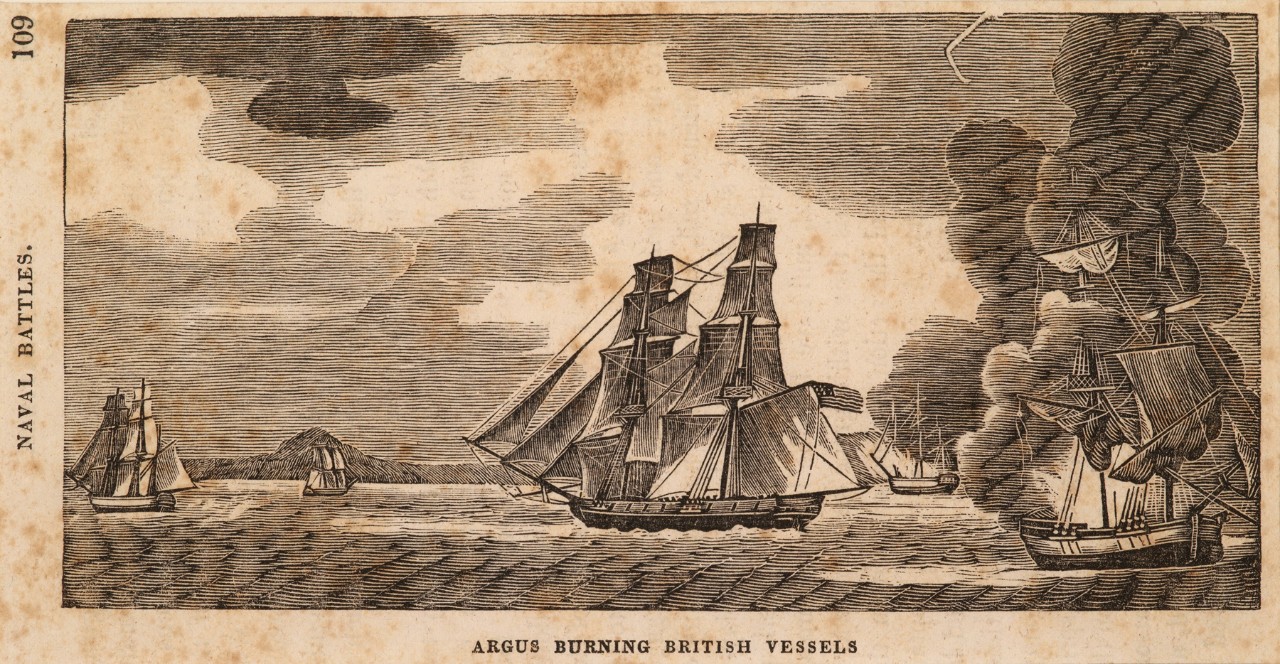 A ship with an American ensign sails between burning ships