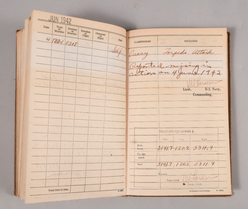 Aviation flight log of James D. Woodson. The log begins on 9 March 1938, showing his flight times, operations, and planes used as a pilot with Torpedo Squadron 8 (VT-8). The book is opened to its last entry. The log ends abruptly on 4 June 1944. ...