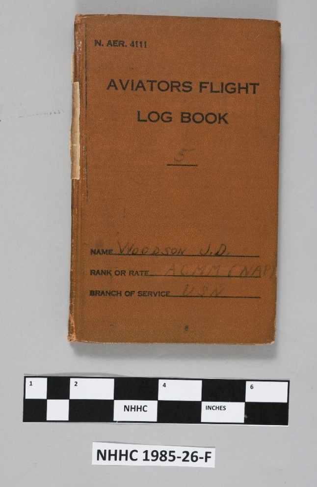 Aviation flight log of James D. Woodson. The log begins on 9 March 1938, showing his flight times, operations, and planes used as a pilot with Torpedo Squadron 8 (VT-8). The brown cover is embossed “N.AER.4111 / Aviators Flight / Log Book / 5 / N...