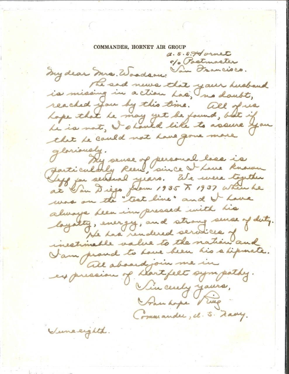 Handwritten letter to Mrs Woodson concerning her husband MIA