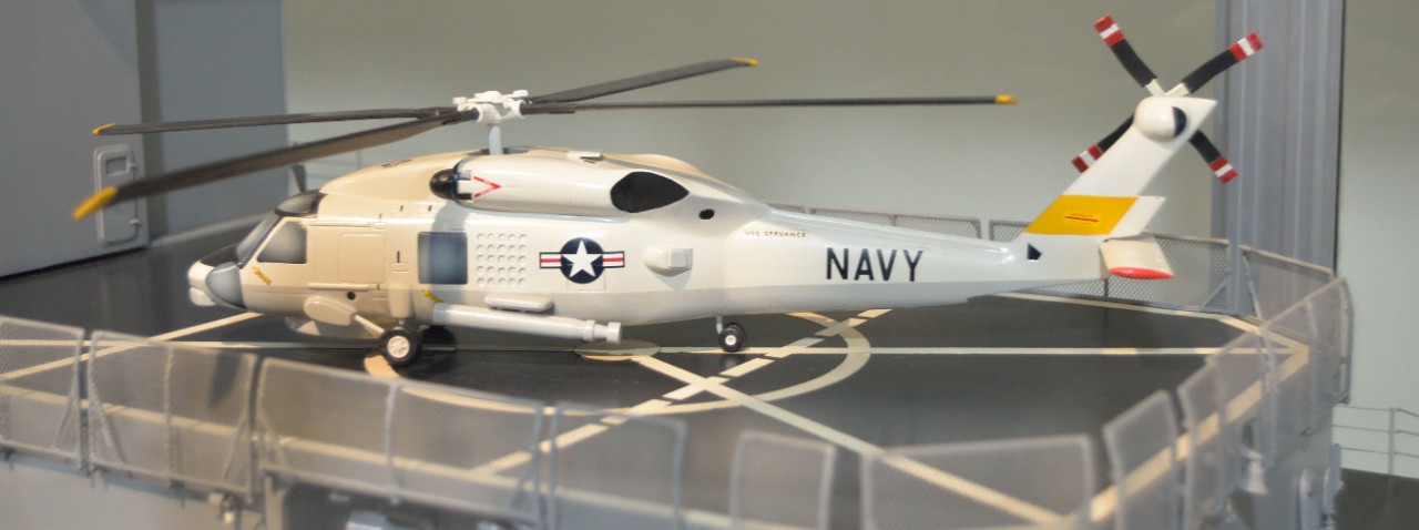 Model of US Destroyer helicopter on landing pad