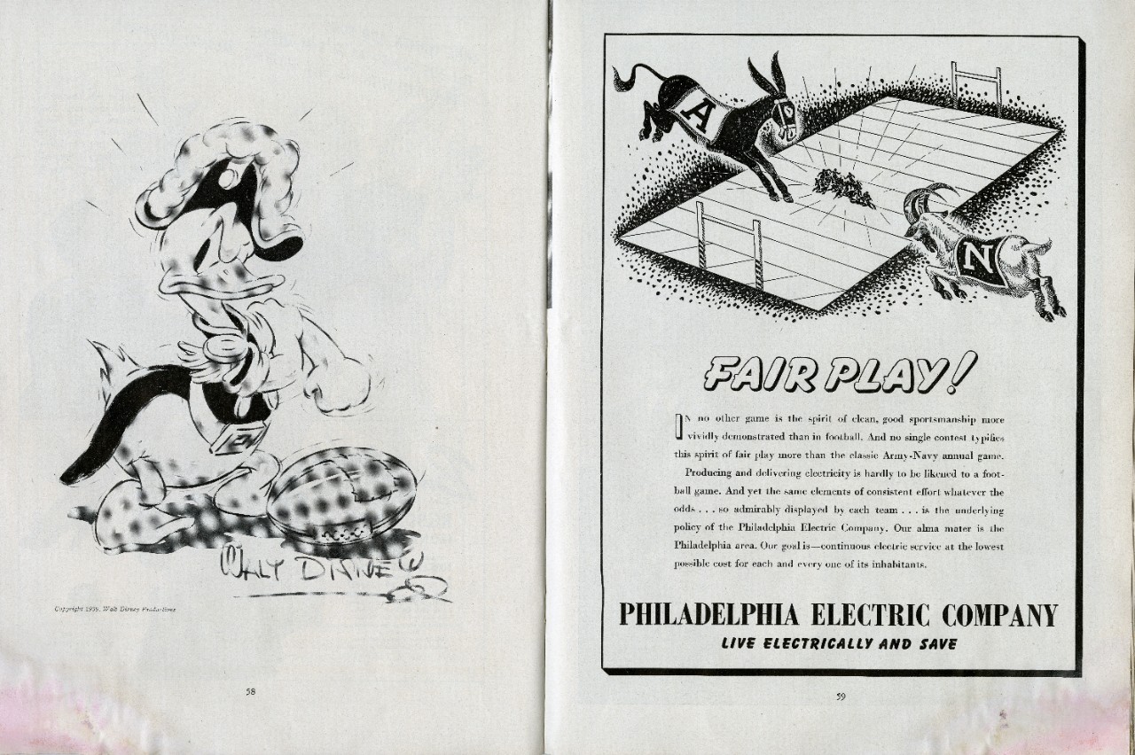 Pages 58 and 59 from the Army-Navy football game program. On page 58 is an image of an angry Donald Duck wearing a bicorne hat with an epaulette on his right shoulder, and wearing a swallowtail coat. He’s pushing up his left sleeve with his right...