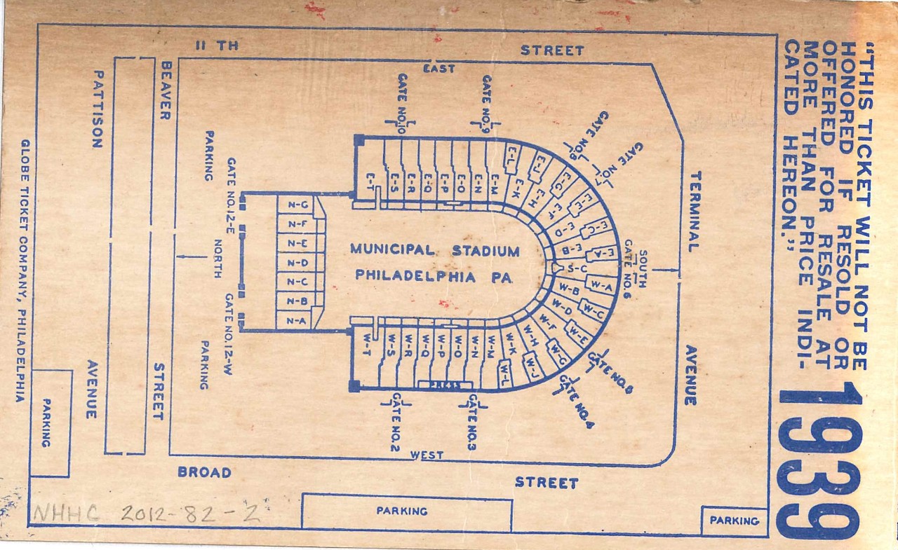 Reverse of ticket for 2 December 1939 Army-Navy football game. Ticket has a diagram of Municipal Stadium, Philadelphia, PA in the center with gates and seating sections labeled. At the top of the ticket is “This ticket will not be honored if reso...