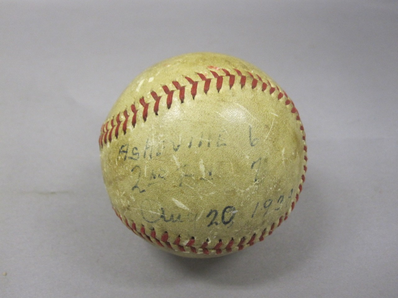 White baseball with red stitching used in game signed with score and date