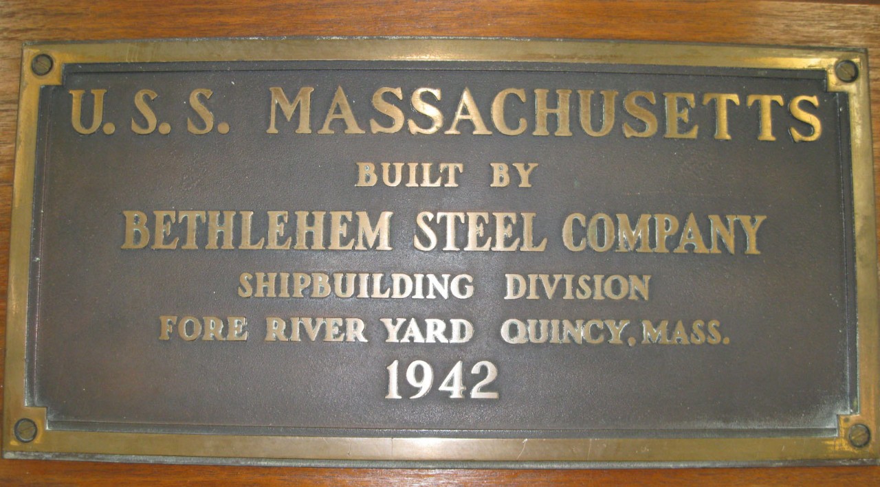 Bronze Plaque marking the building of the ship USS Massachusetts by Bethlehem Steel company