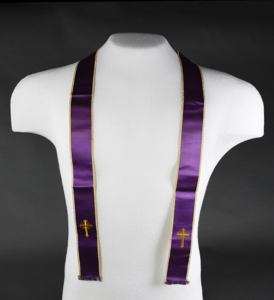 Purple ribbon sash with gold embroidered crosses and edges belonging to LT JF Crotty 