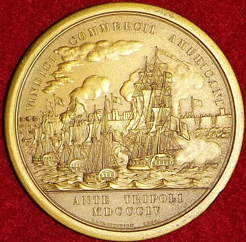 Medal reverse view depicting ships attacking Tripoli