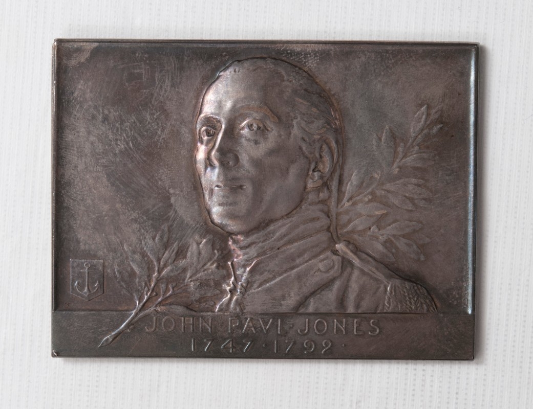 silver rectangular medal with bust of John Paul Jones 1747-1905 