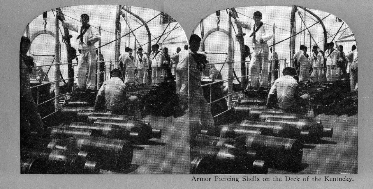 9 black and white stereoscopic images of U.S. Navy warships donated by Captain J.C. Byrnes to the Naval Historical Foundation in 1949. USS Gloucester (1898-1919) off Callao, Peru; battleship scenes around and on board USS Kentucky (BB-6) and USS Ohio (BB-12); torpedo boat off San Francisco. NHF-113-E features duplicate views.