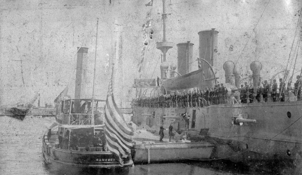 245 page photo album donated by Lieutenant Charles Dutreaux to the Naval Historical Foundation, and later donated to the Naval History and Heritage Command. The black and white and color images in the album portray Dutreaux’s U.S. Navy service from the Spanish-American War through the years immediately following World War I. USS Olympia (C-6), including Admiral George Dewey, other members of crew; Spanish ships sunk at Battle of Manila Bay; USS San Francisco (C-6); USS Raleigh (C-8) with visit of President William McKinley; USS Hartford circa 1901 with scenes onboard; USS Baltimore (C-3); USS George Washington circa World War I; USS Ingraham (DD-111); USS Mexican; USS Tarbell (DD-142); scenes in Europe circa World War I. There are dozens of photos of individuals and ships which do not have captions. Leather covers damaged by mold, and as such were removed and disposed of. Glue backing on photos is fragile, some photos are loose or in the process of coming loose. Many photos have been assigned NH numbers.