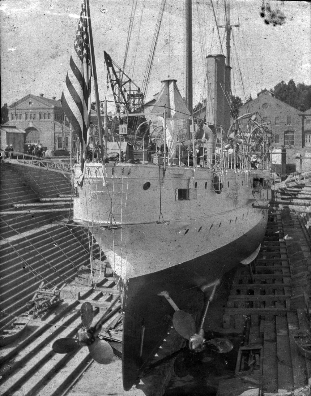 Single image of USS Marblehead (C-11) in dry dock at Mare Island, CA, circa early 1900s. 