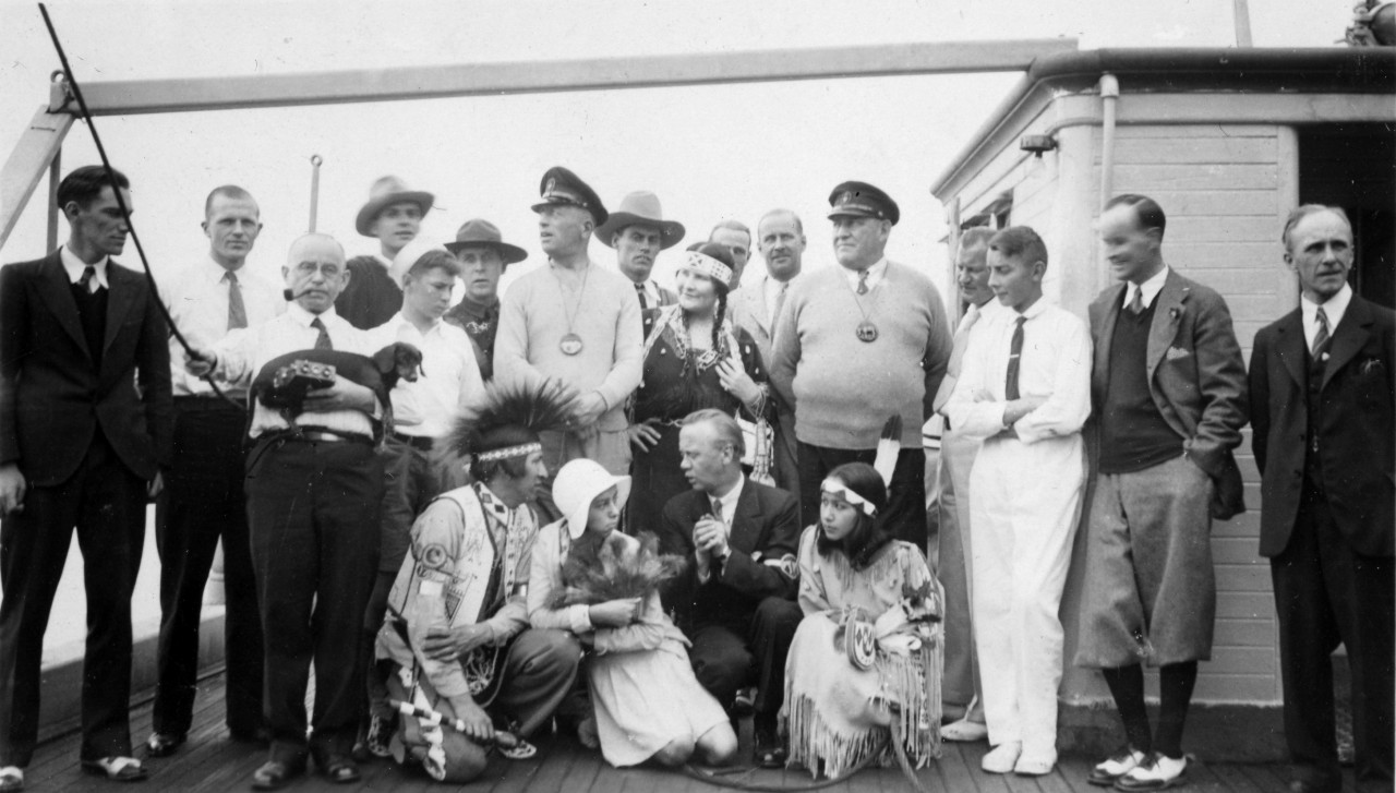 WWI German naval hero, Count Felix Von Luckner, circa 1930s, with a scouting group. His first mate, Lauterbauch, is also identified in the photograph.