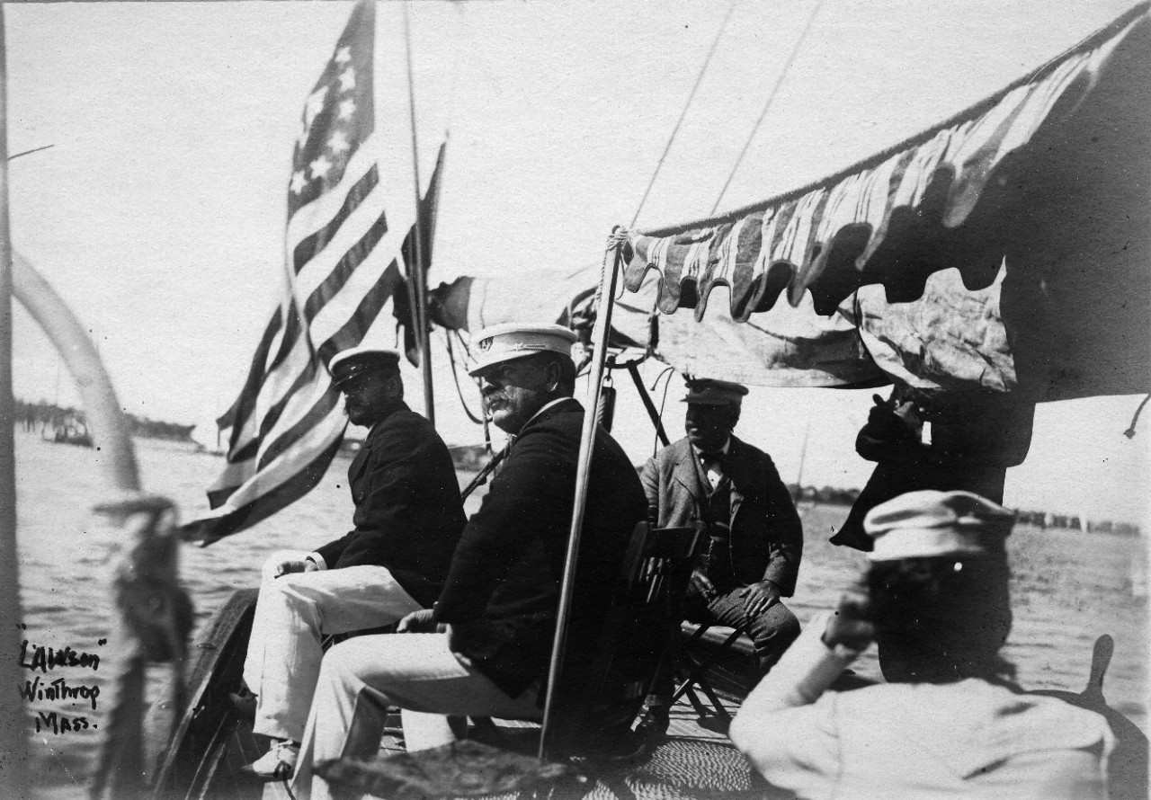 18 black and white and sepia photos donated by Edward Leavitt Horton, showing naval and maritime activities around New England circa 1900. US Navy warships shown include USS Kearsarge (BB-5) and USS Kentucky (BB-6). Secretary of the Navy John D. Long is seen on a private yacht. Many views of private and merchant sailing vessels and yachts, including: barque Saxony; schooner Collier; SS Etrusco aground at Scituate, Massachusetts, circa 1897; schooner Governor Ames; sloop Almira; Vanderbilt’s steam yacht North Star at Newport 1914. Views of Port Clyde Lighthouse, Maine; Portland Head Lighthouse, Maine; and Isle of Shoals Hotel, Portsmouth, New Hampshire. Some photos have been assigned NH numbers.