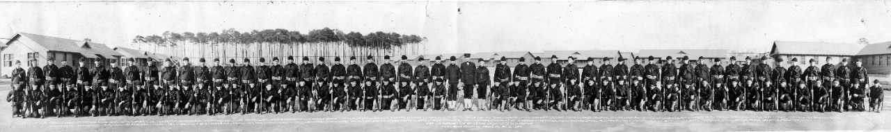 Oversize panoramic of Company 83 at Hampton Roads Naval Base, VA, January 12, 1920. All individuals in the image are noted at the bottom of the photo.