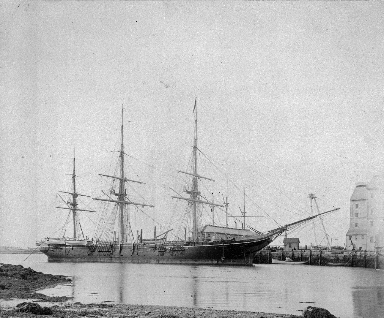 Two images of USS Monongahela (1863-1908). One is taken at Mare Island in 1884, and has been assigned as NH 45209. The other shows the ship moored at an unidentified location. 