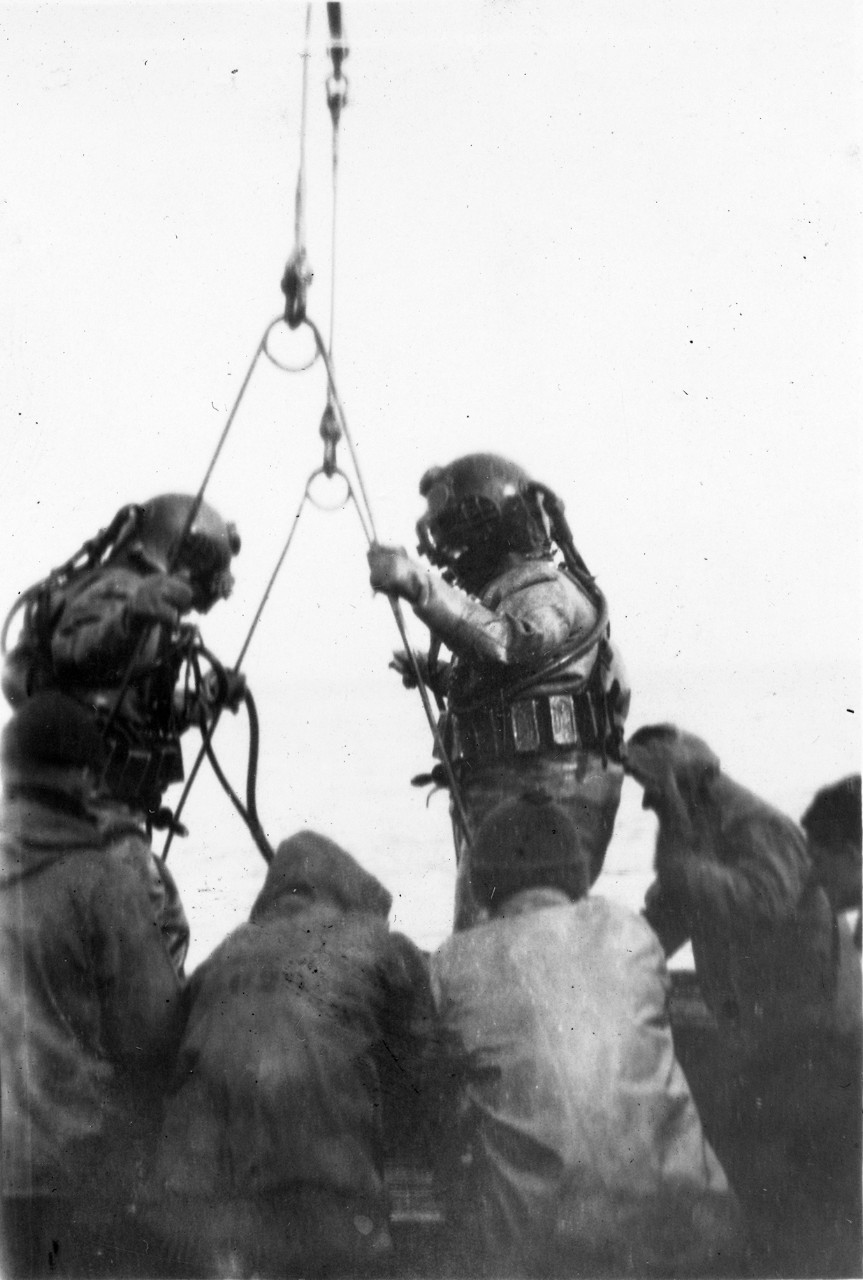 Two divers on stage during S-4 salvage, 17 March 1928 