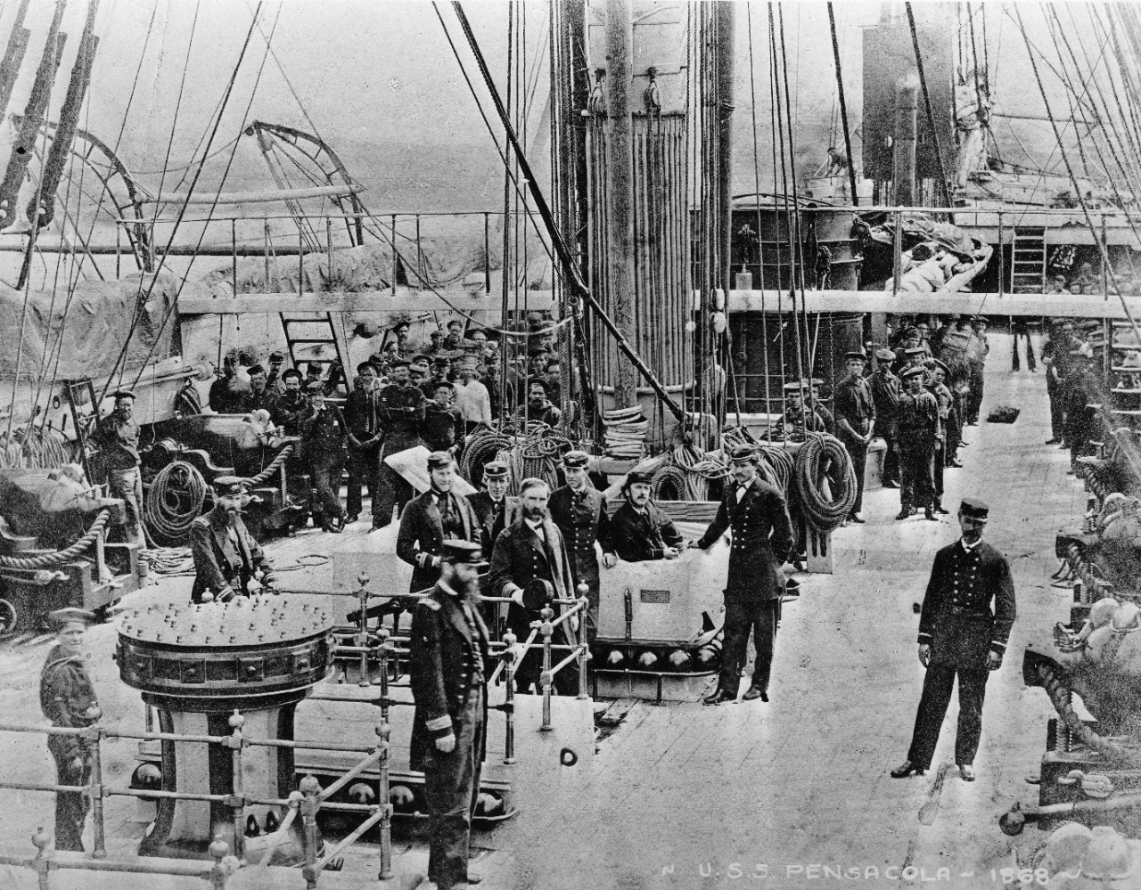 1 photograph of officers and crew of USS Pensacola, circa 1868. 1 book “The United States Navy from the Revolution to Date” by Francis J. Reynolds, transferred to Navy Department Library.