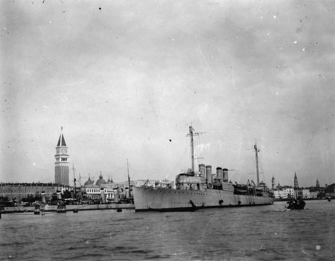 Approximately 160 images taken in Europe, circa 1919-1922.Rear Admiral Mark Bristol; Admiral William Benson; Admiral William Sims; captured German war material; Dalmatian Coast; Istanbul, Turkey; Venice, Italy; USS Lansdale (DD-101); USS Schley (DD-103); USS Ringgold (DD-89); destroyers on convoy duty during World War I; USS Western Light (SP-3300); USS Mercer (SP-3837); USS Scorpion (PY-3); USS Canibas (SP-3401); Antwerp, Belgium; Curtiss H-12 or H-16 flying boat; foreign ships including Radetzky (Austrian), Nino Bixio (Italian), Sultan Selim (Turkish), Temeraire (British), Condorcet (French), Lord Nelson (British); refugee camp in France; ruined towns on the French Western Front; Belgium, including harbor scenes and the Waterloo Monument; USN railway guns firing. Most photos do not have captions. Some photos have been assigned NH numbers or were removed to the NH collection.