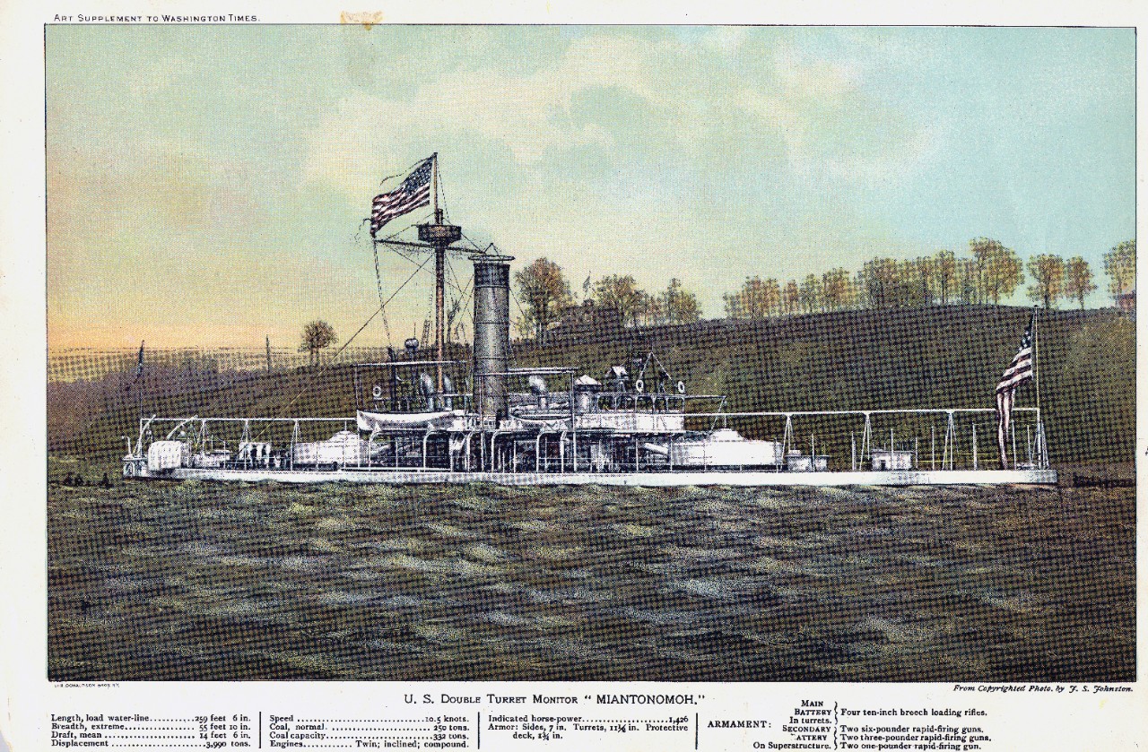 2 colored half-tones, from photographs by J.S. Johnston, lithographed by Donaldson Bros., N.Y., originally published in the Washington Times. USS New York (ACR-2) and USS Miantonomah (1882-1907).