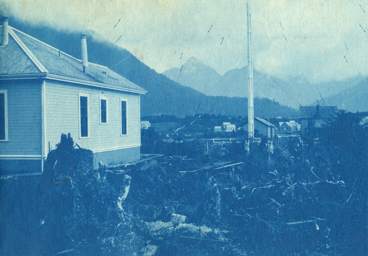 Approximately 150 black and white and cyanotype prints, many in panorama format, related to US Naval Radio Station Sitka, Alaska, 1907 - 1949. Views of the Radio Station in 1907 show construction of the facility including buildings and antenna tower, with limited views of interiors and radio equipment. Many views of Alaska landscapes and the town of Sitka, showing the harbor, as well as civilian shipping. Several Russian buildings are highlighted. Only limited captions are provided for photos.