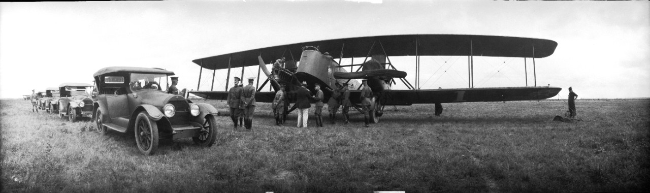 General Mitchell escorts Secretary of War John Weeks and General John J. Pershing as they inspect a Martin MB-2 Bomber at Langley Airfield, Virginia. Occasion is most likely the 1921 Army-Navy bombing exercises off the Virginia capes.