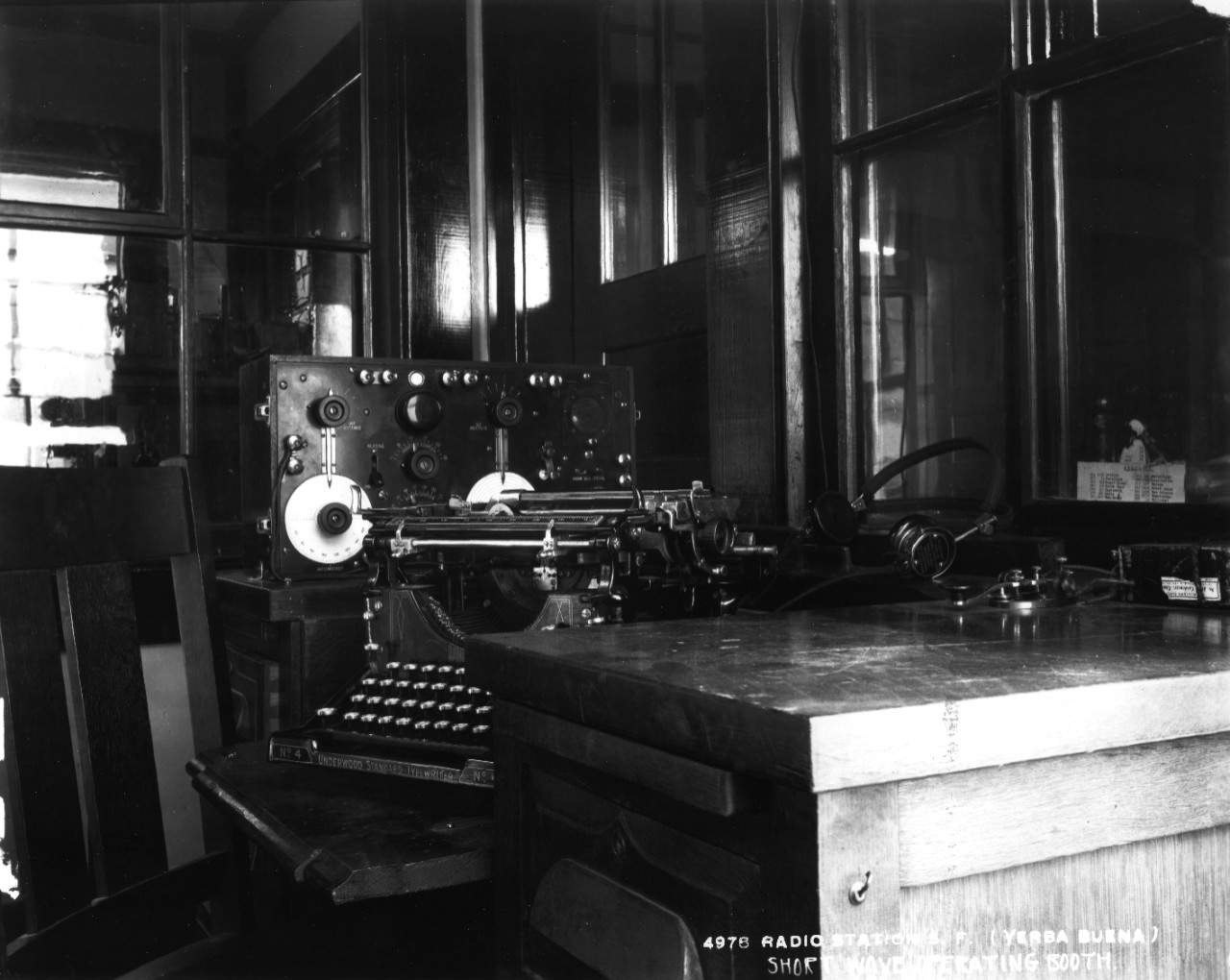 32 photographs (many with copy negatives) of U.S. Naval Radio Station Yerba Buena, San Francisco, California, 1917-1920. Views of interior buildings, towers, and antennae. Interior views of equipment including radio compass, telephone transmitters, receivers, power house, short wave sets, exchange, telegraphone wires, amplifiers, control circuits, transcribing amplifier, rheostats, kleinschmidt installation and perforator.  Some of these are copies made from nitrate negatives that were disposed of.