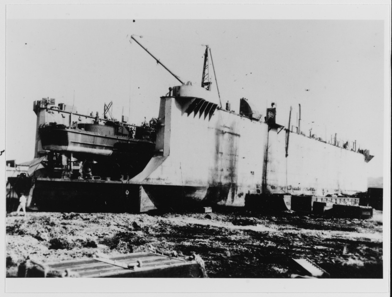 Small Floating Drydock beached on the Okinawa Coast, circa October 1945